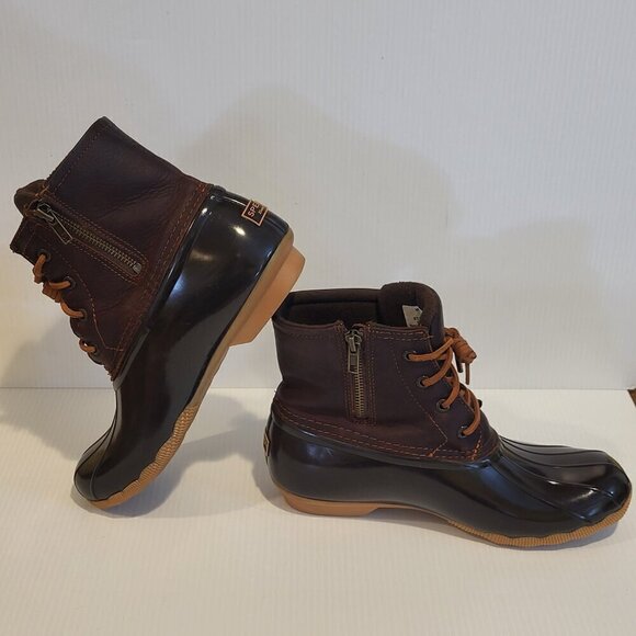 Sperry Women's 9M Duck Saltwater Leather Boots Brown Waterproof In Box Excellent - Picture 3 of 15